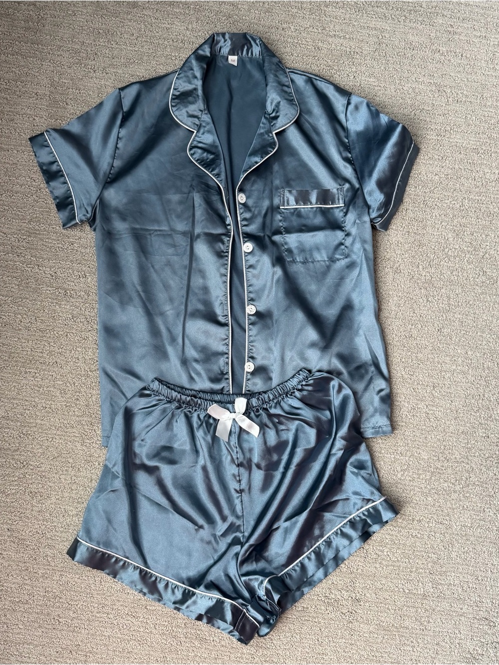 Silky Short Sleeve Pajama Set in Deep Teal with Contrast Piping